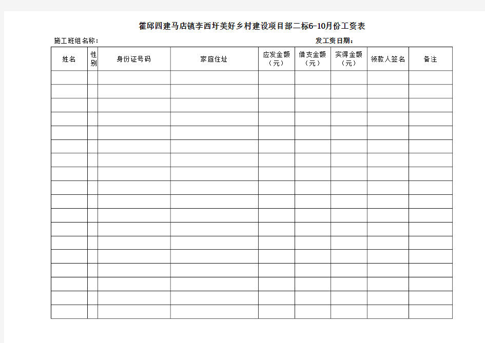 农民工工资表(模板)