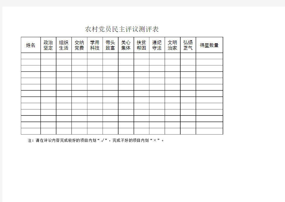 农村党员民主评议测评表