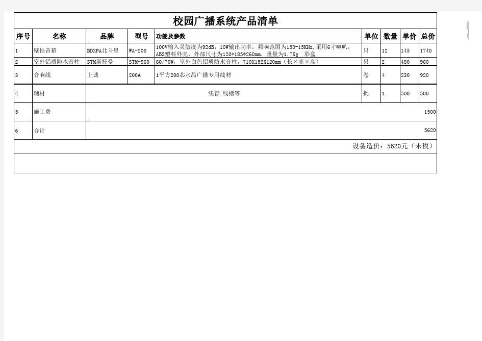 校园广播系统配置清单