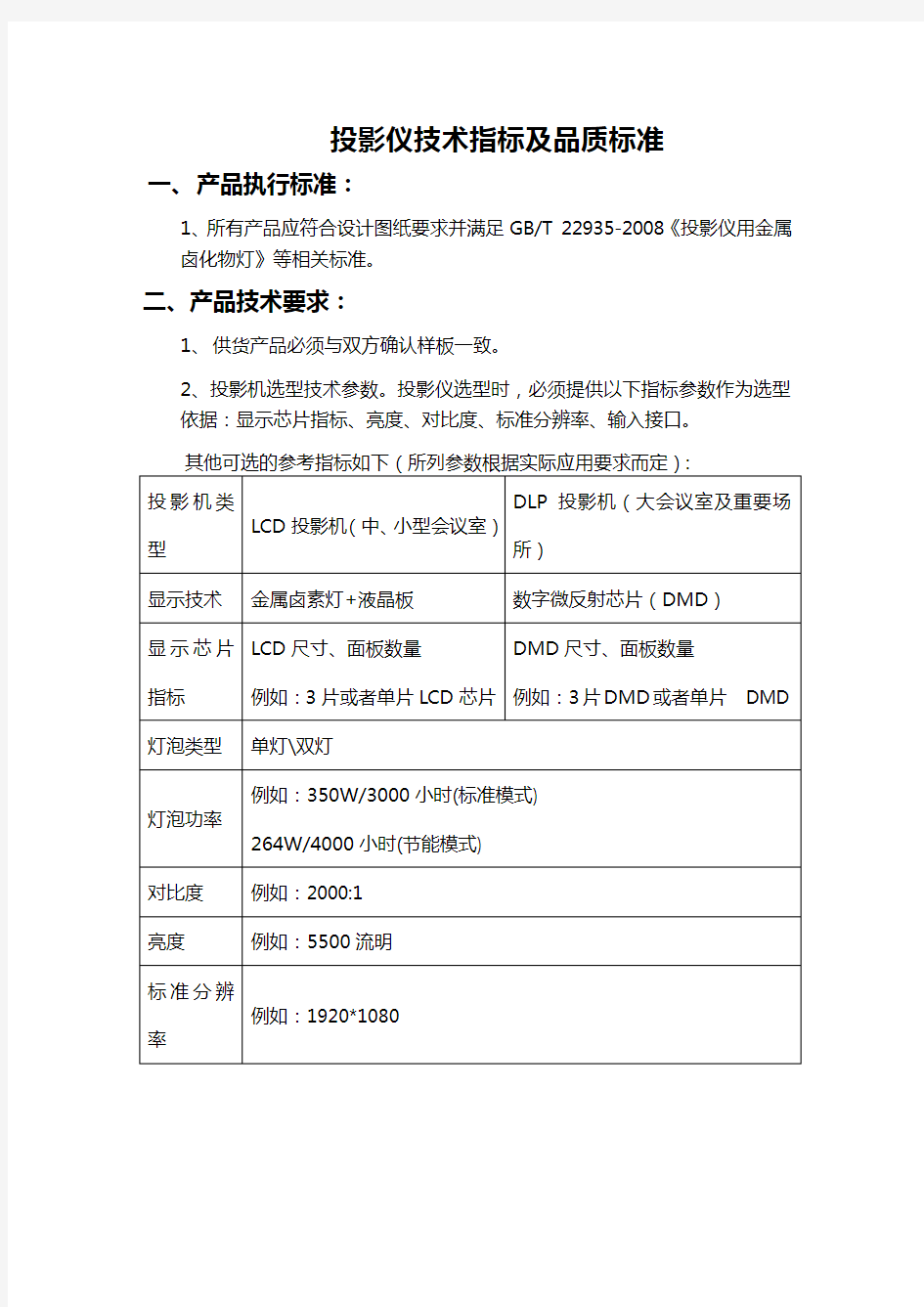 投影仪技术指标及品质标准-电子版