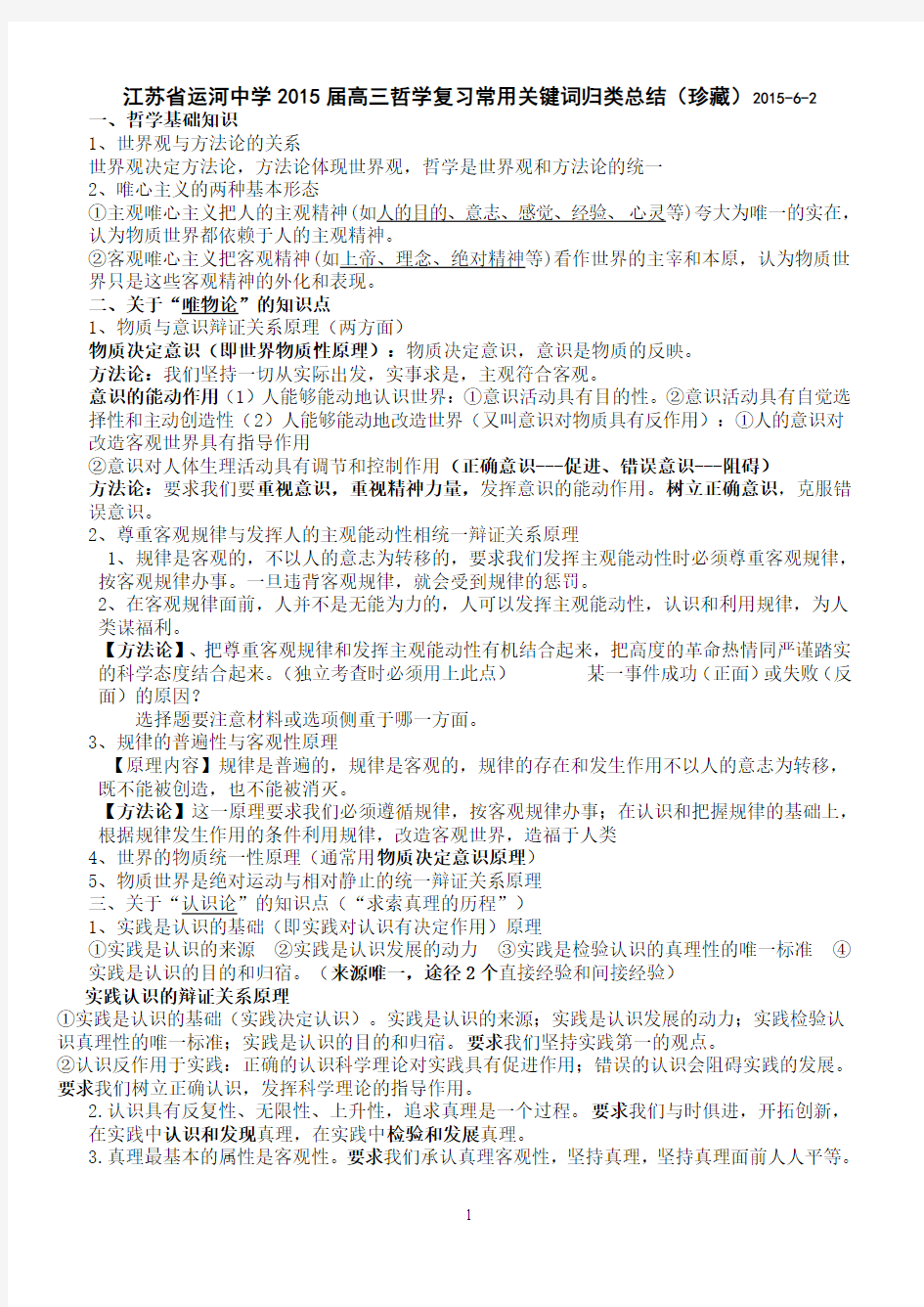 江苏省运河中学2015届高三政治复习哲学关键词2