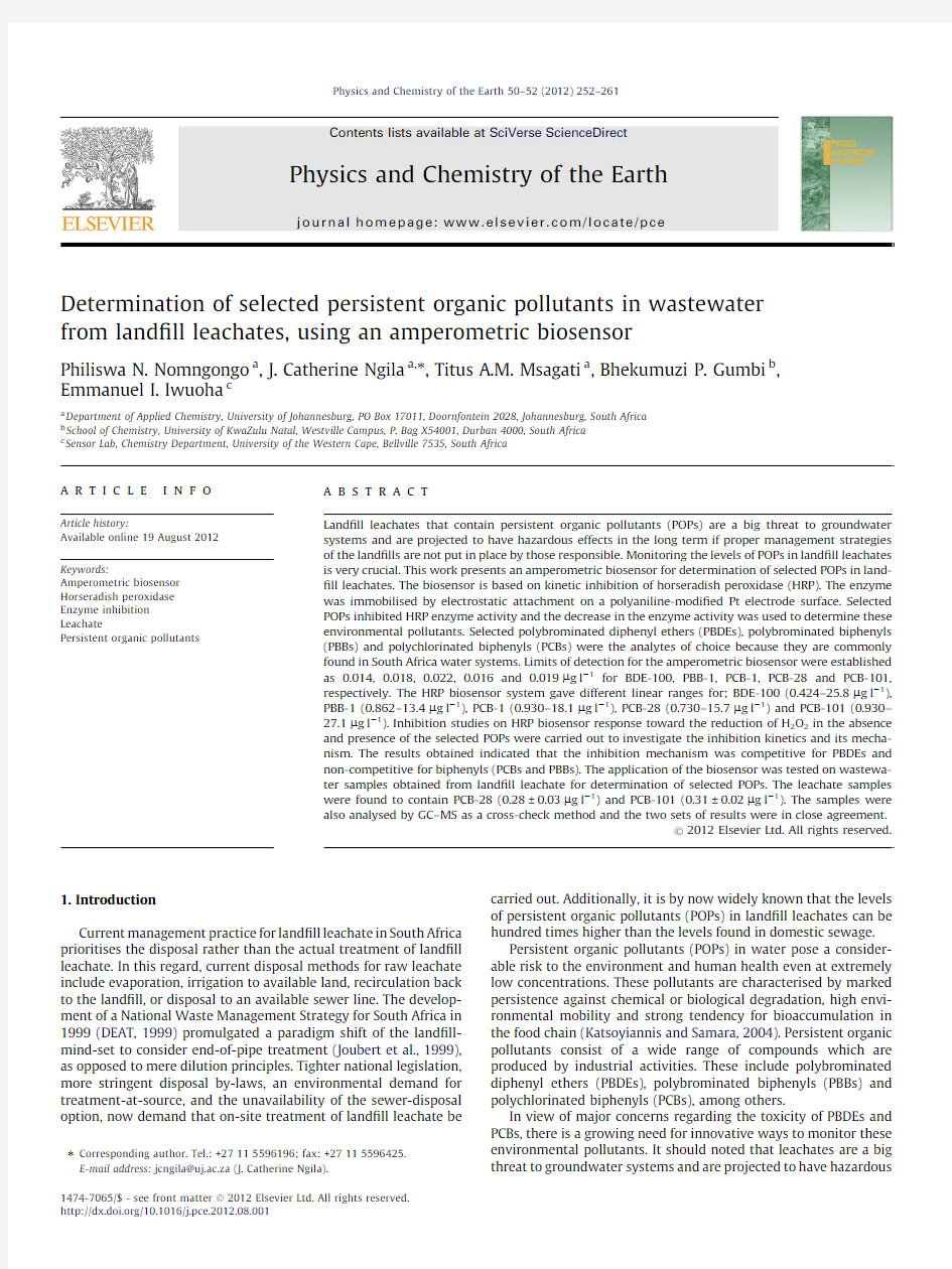 Determination of selected persistent organic pollutants in wastewater from landfill leachates