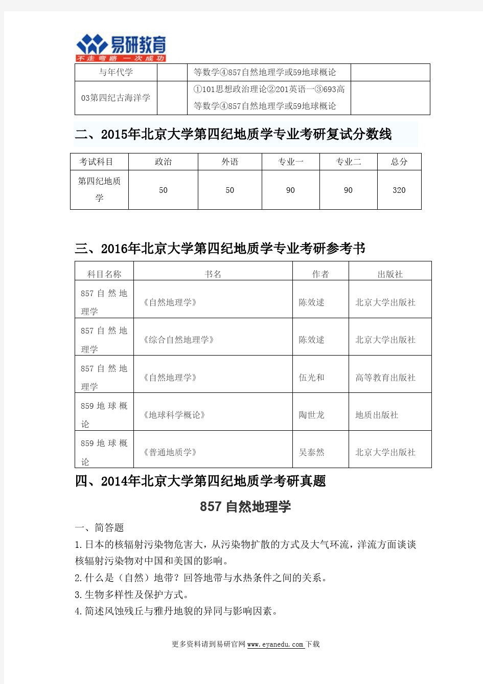 2016北京大学第四纪地质学(城市与环境学院)考研专业目录招生人数参考书目历年真题复试分数线答题方法