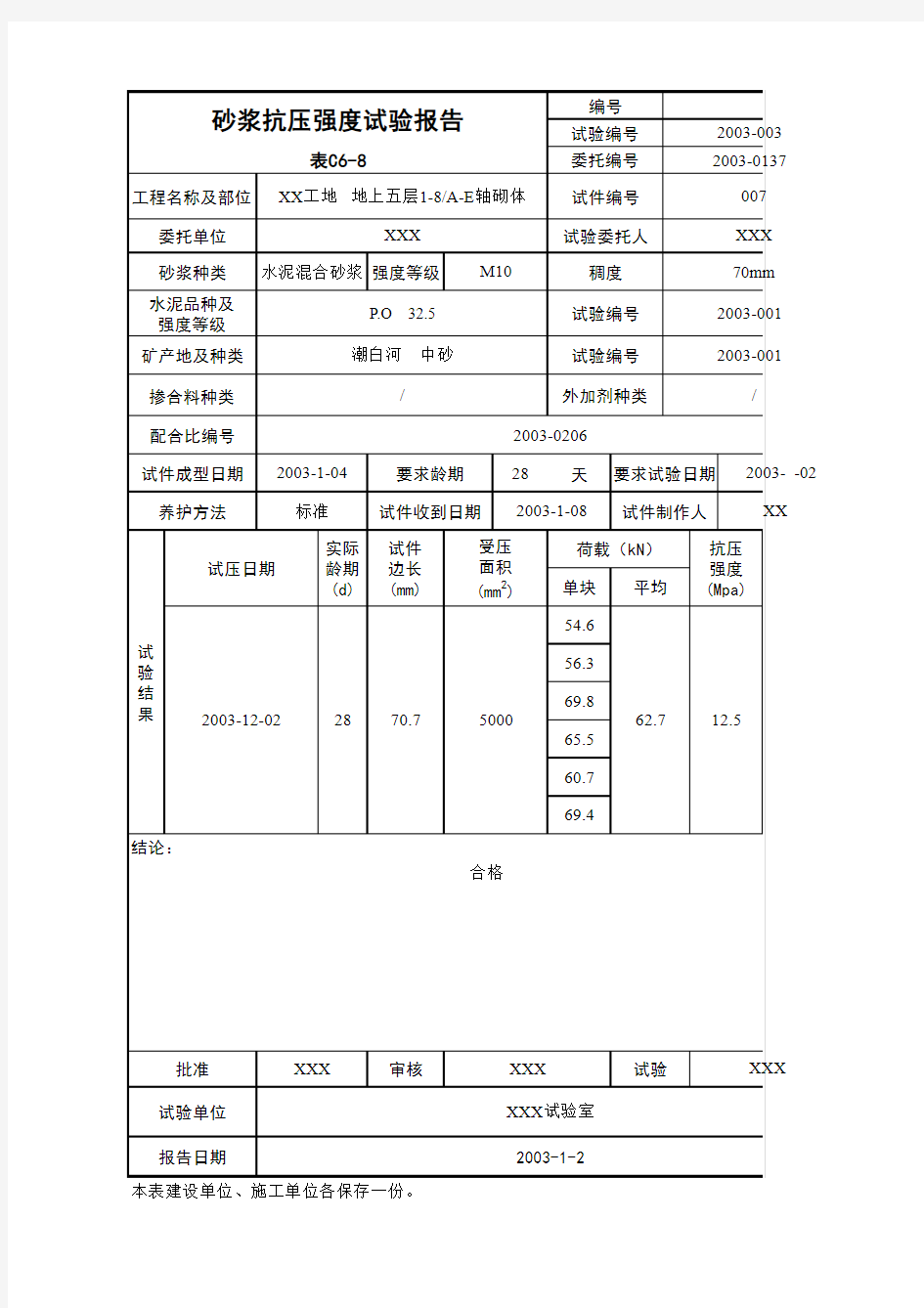 砂浆抗压强度试验报告