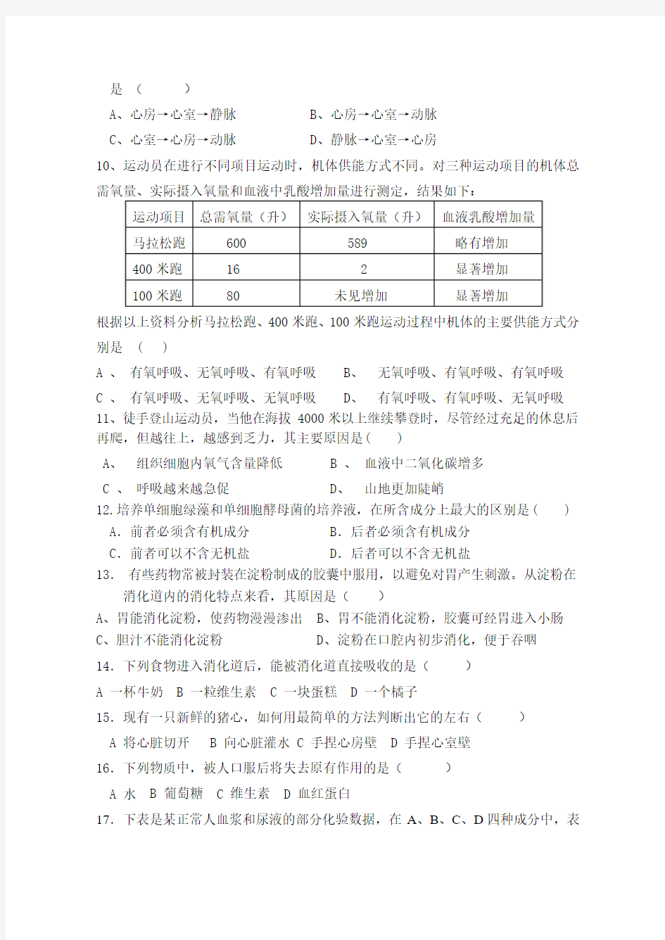 4章  代谢与平衡单元测试卷