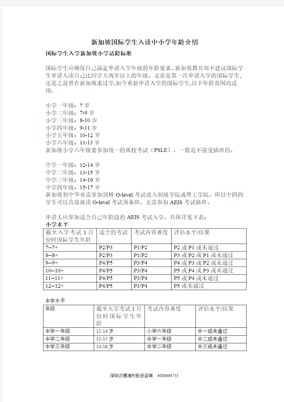 新加坡国际学生入读中小学年龄介绍