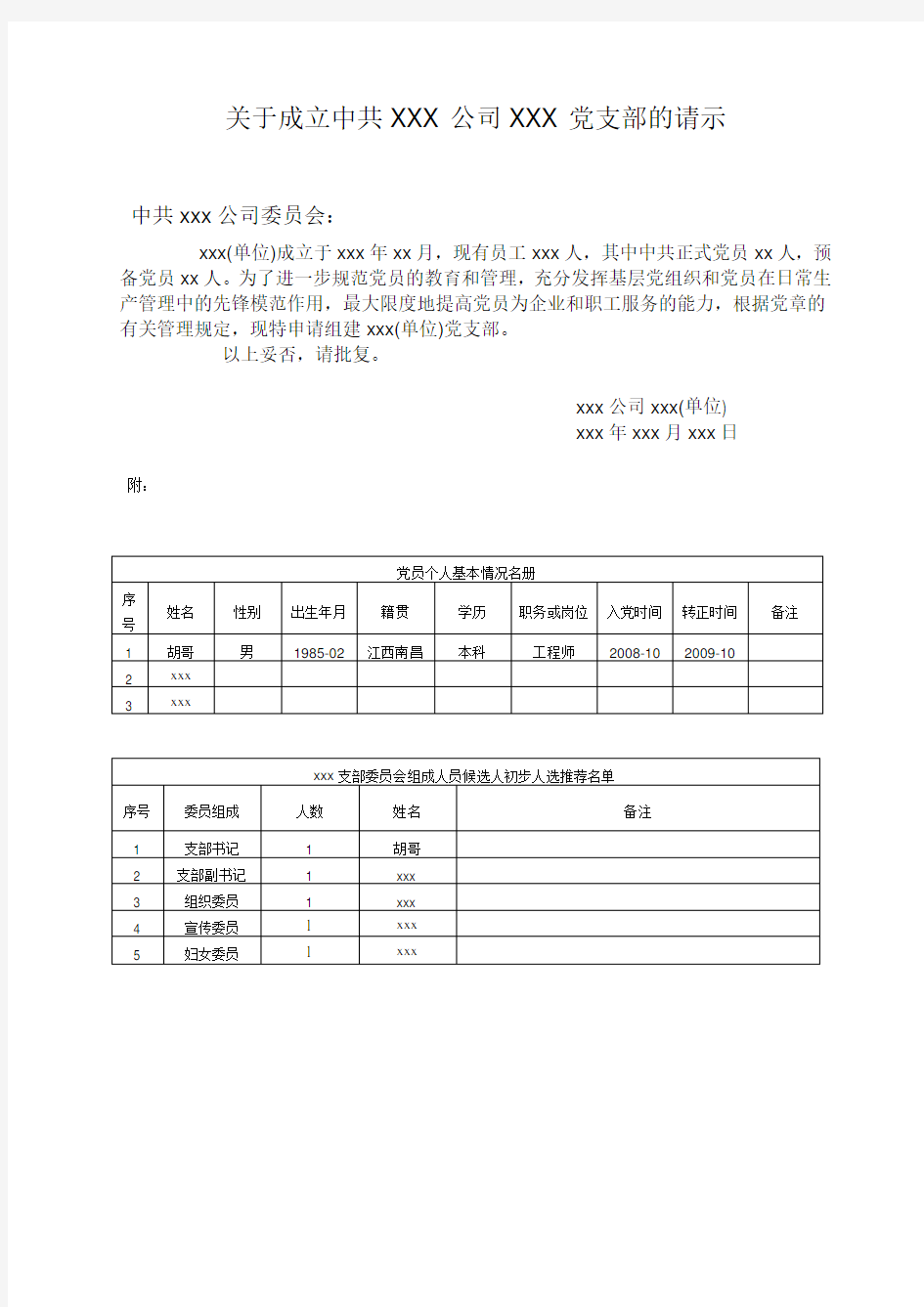 关于组建党支部的请示