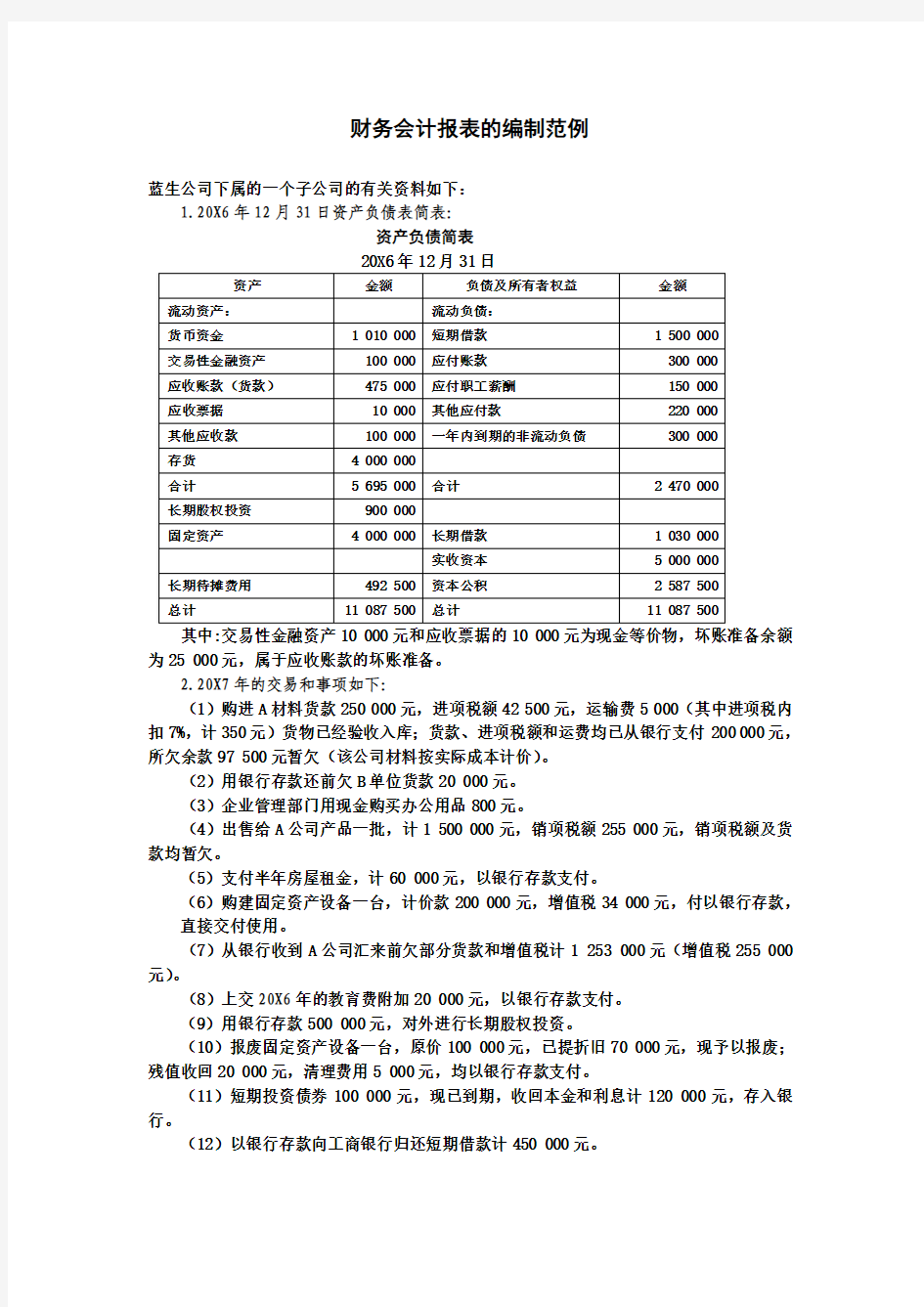 财务会计报表的编制范例