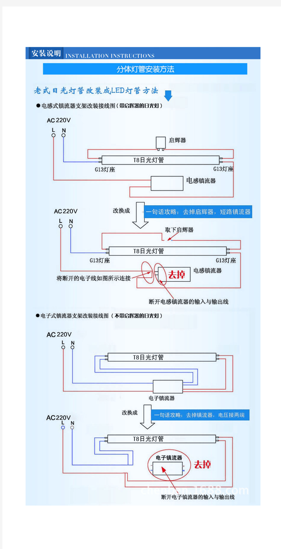 老式日光灯管改造成LED灯管安装接线示意图