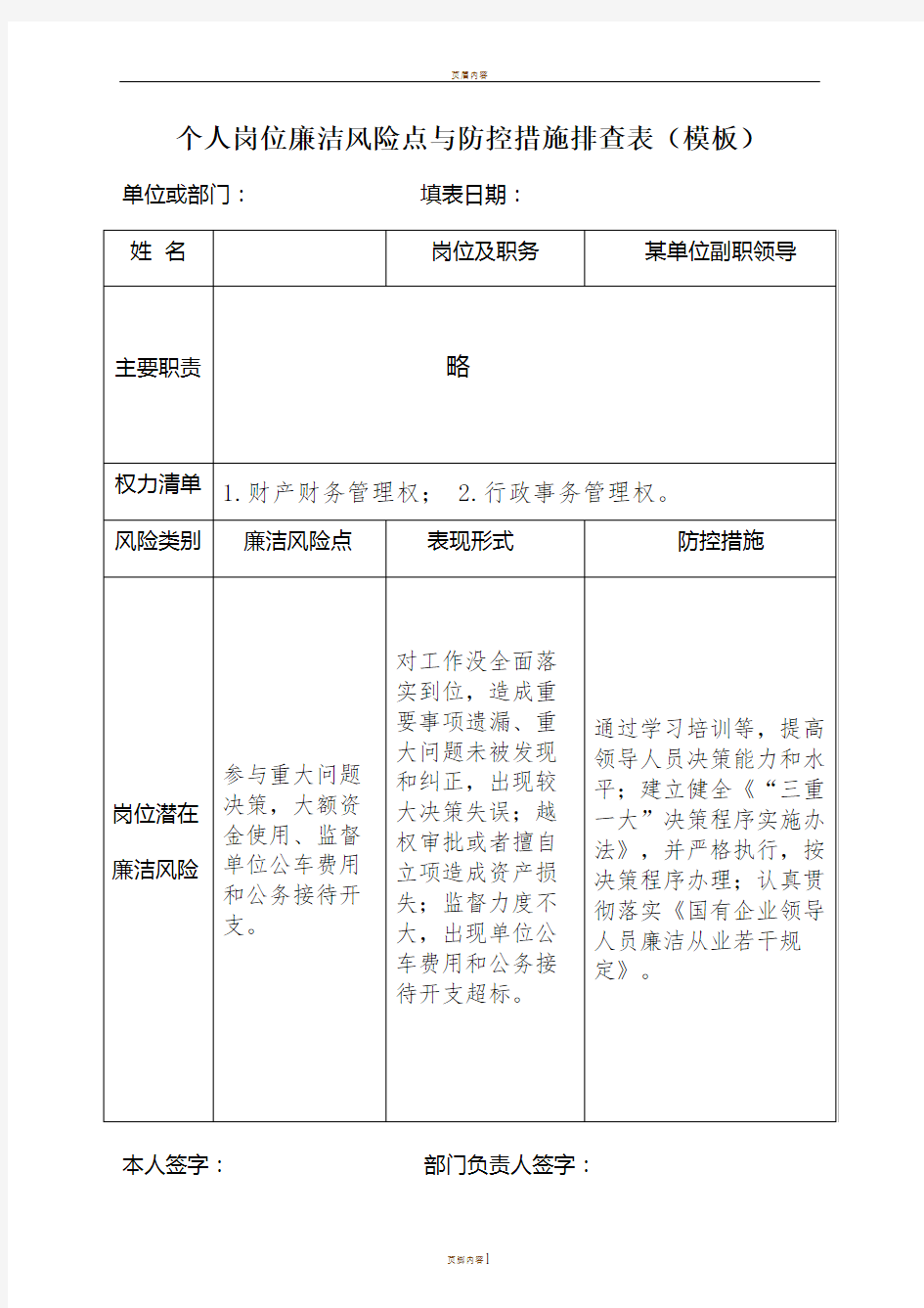 个人岗位廉洁风险点与防控措施排查表