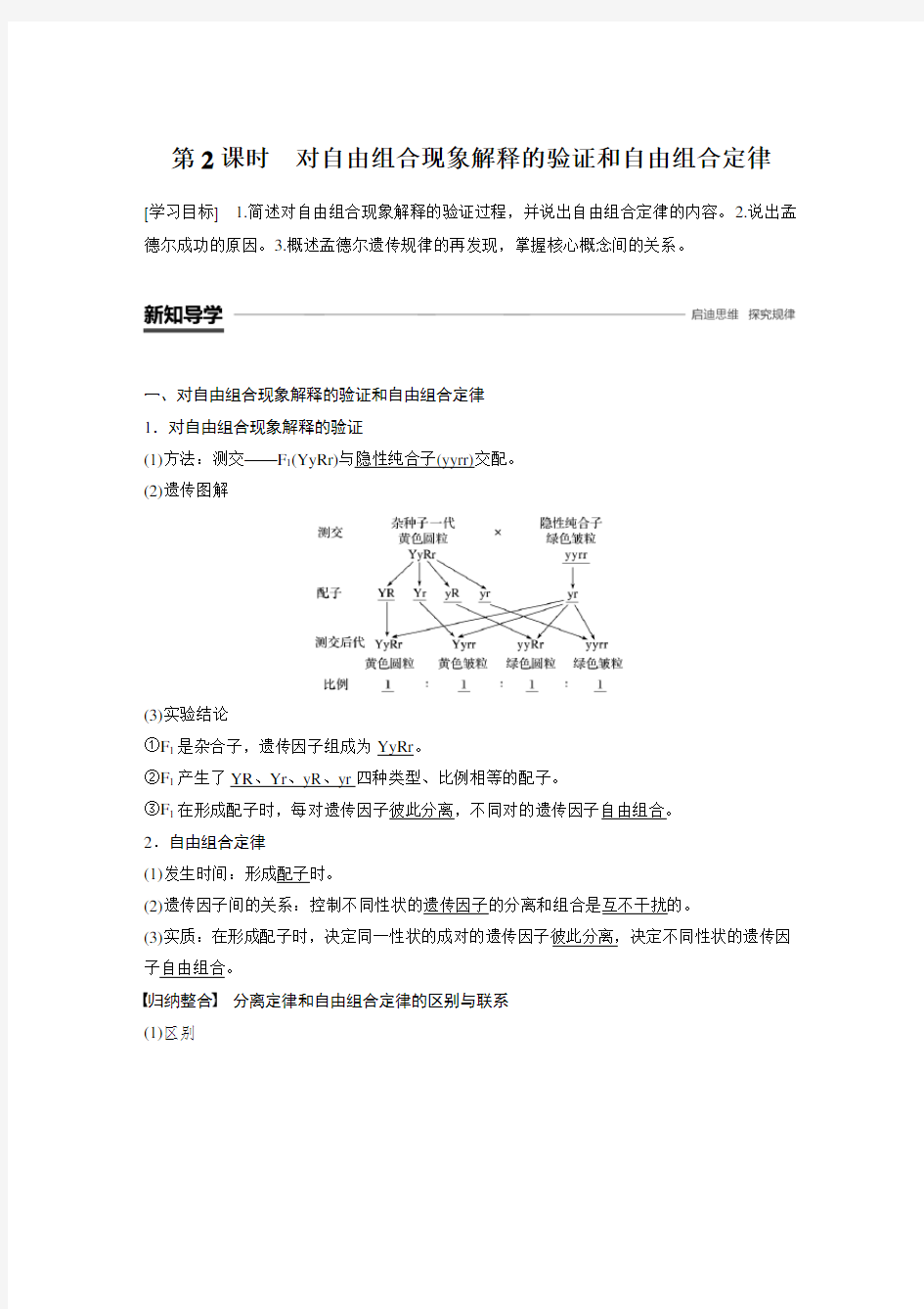 高中生物必修2精品学案：1.2.2 对自由组合现象解释的验证和自由组合定律