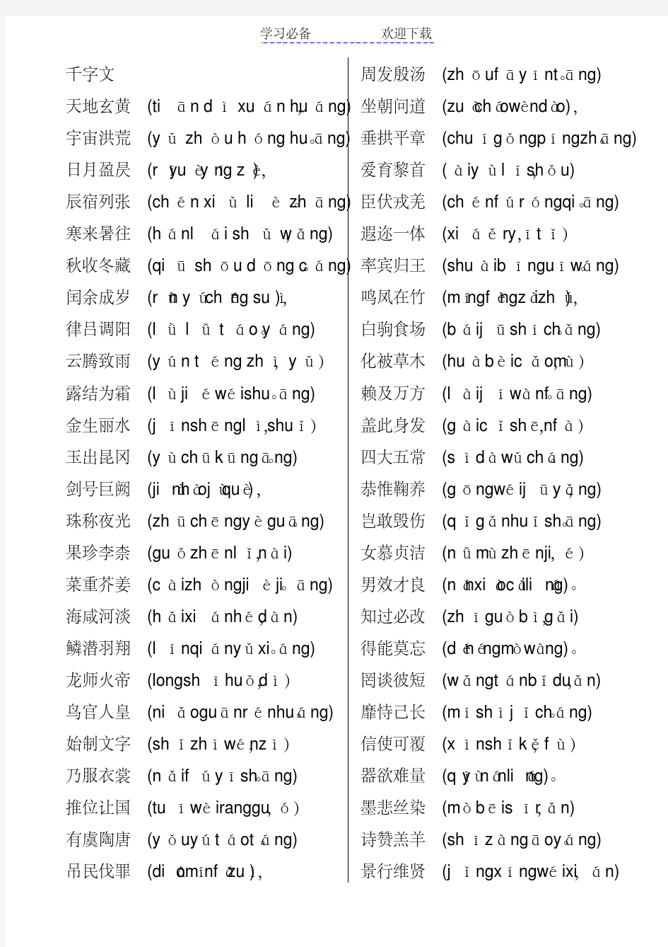 千字文全文带拼音(打印版)