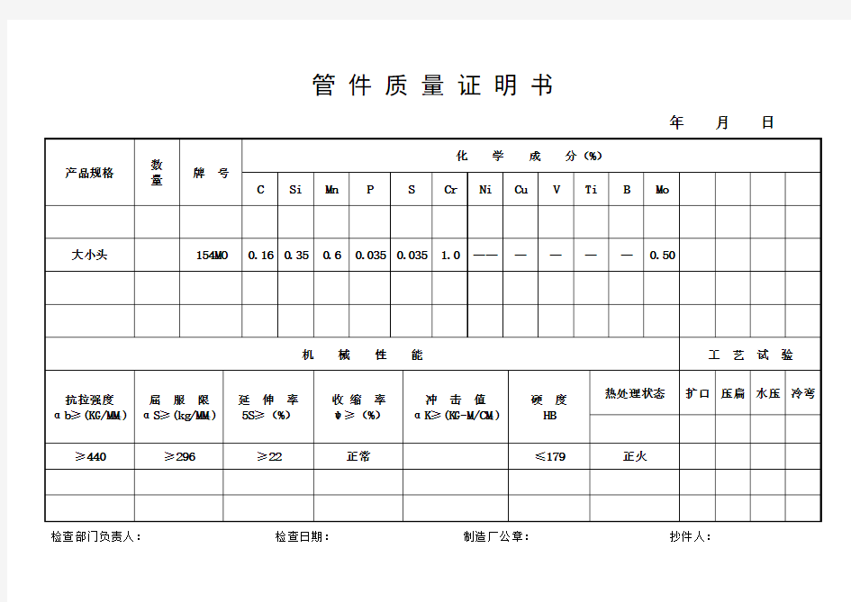 管件质量证明书