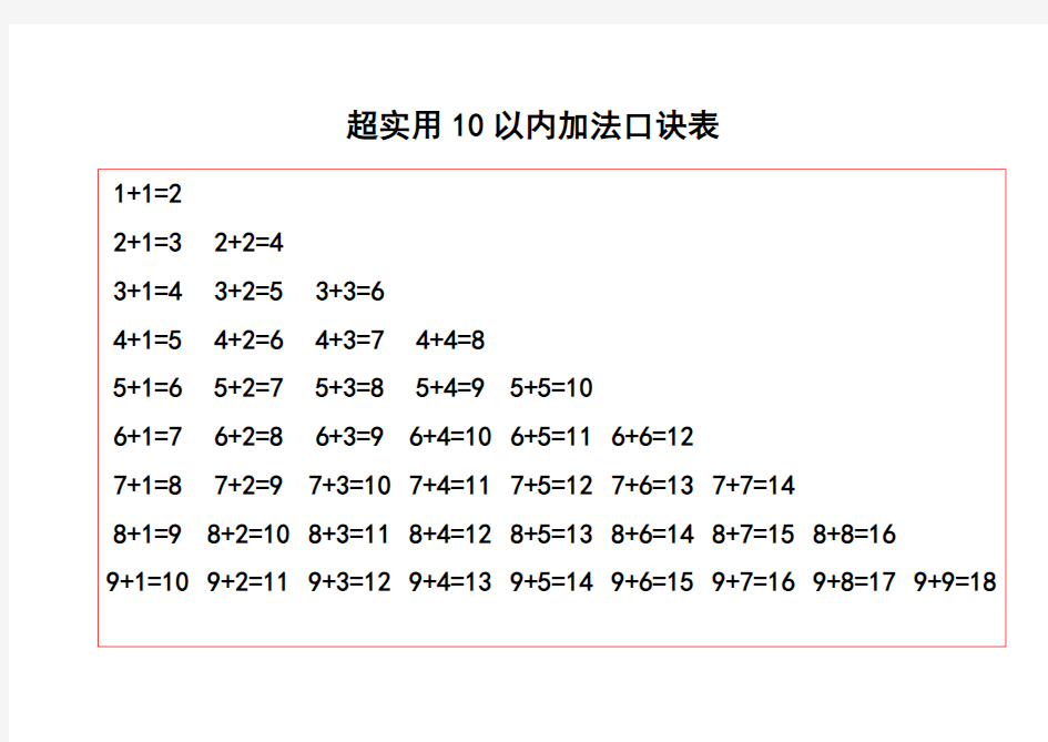 (完整版)超实用20以内的加减法口诀表