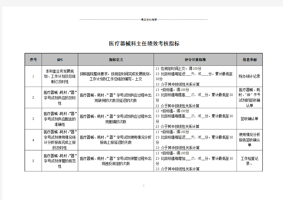 医疗器械科主任绩效考核指标