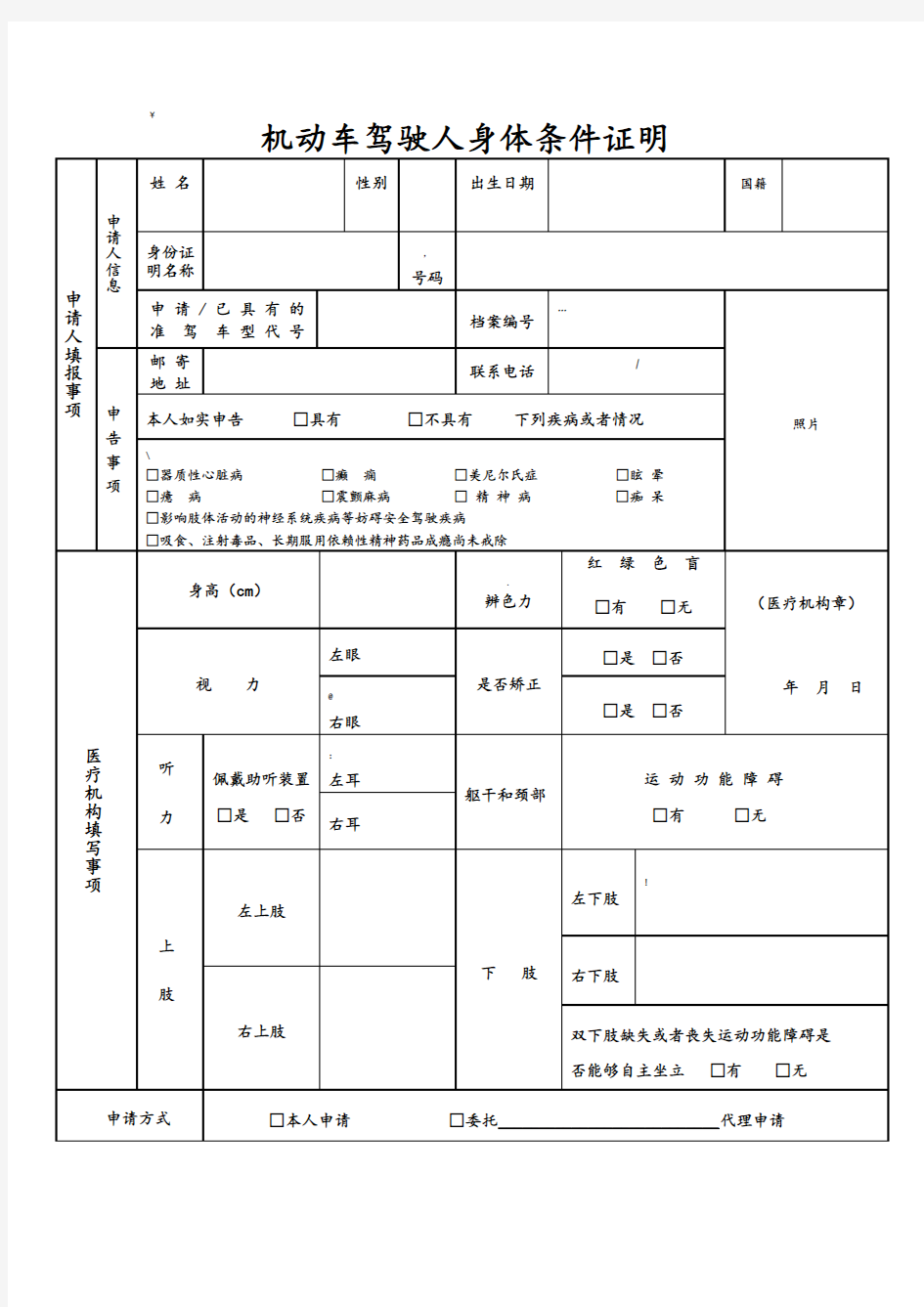 驾驶证体检表