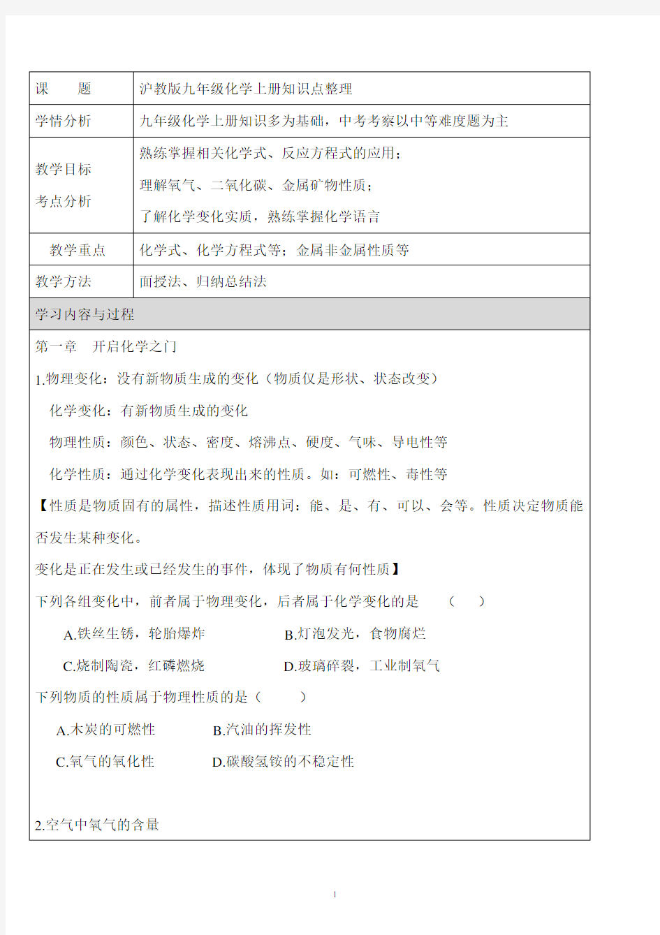 沪教版九年级化学上册知识点归纳整理