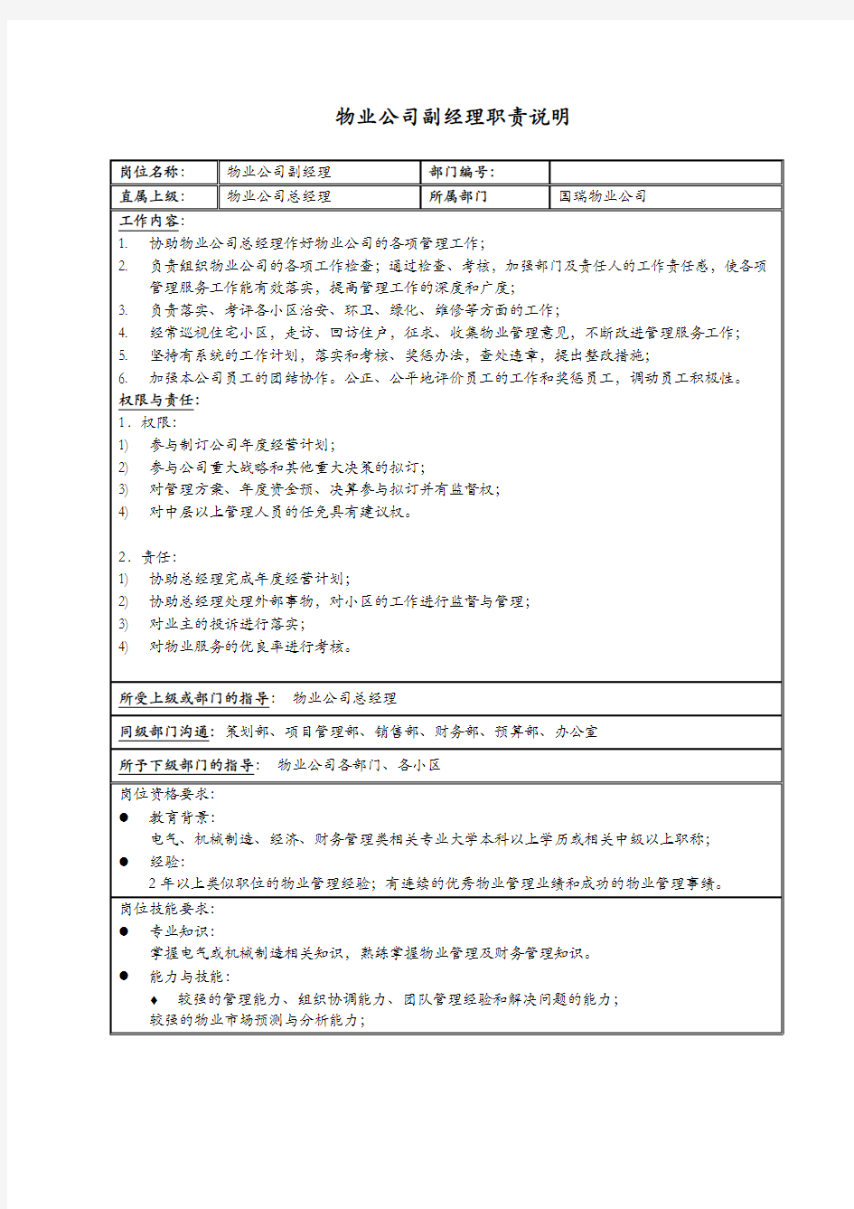 物业公司副经理岗位职责