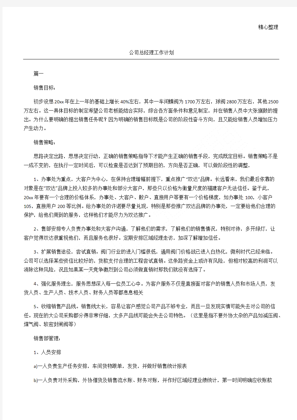 公司总经理工作计划