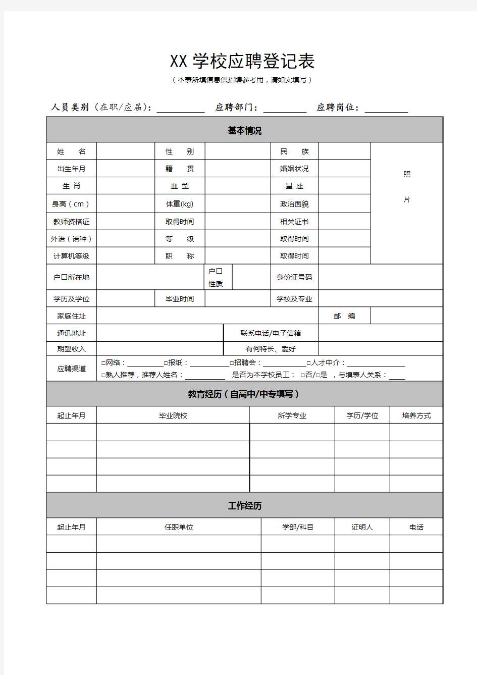 学校教师招聘基本情况登记表