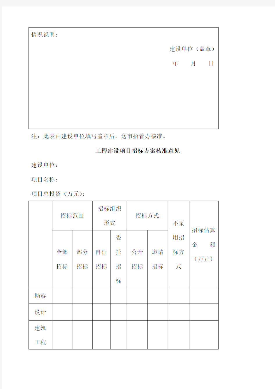 工程建设项目招标方案申请表