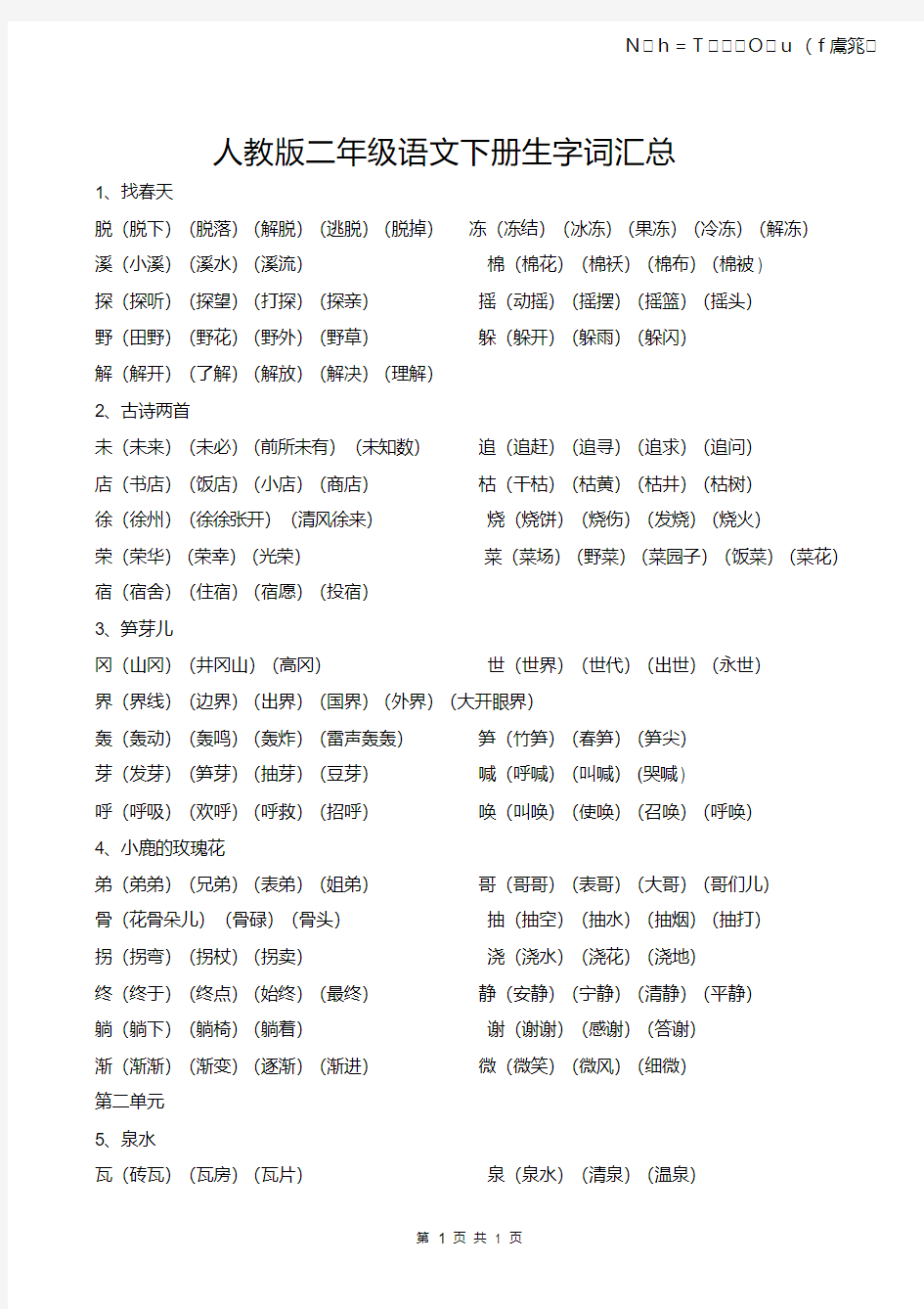 人教版二年级语文下册生字词汇总