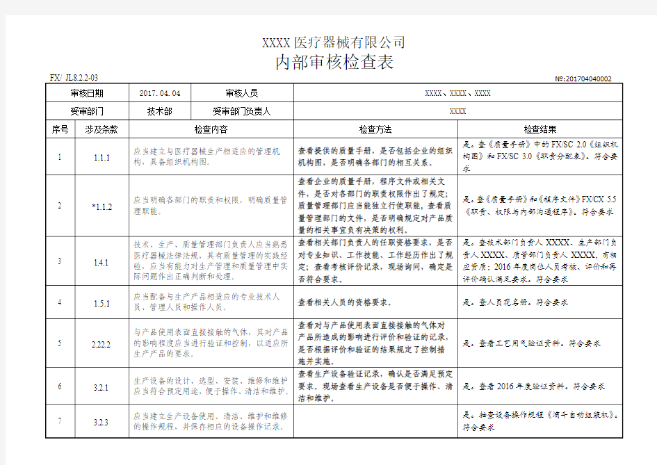 YYT0287-2017医疗器械生产企业内审检查表-技术部