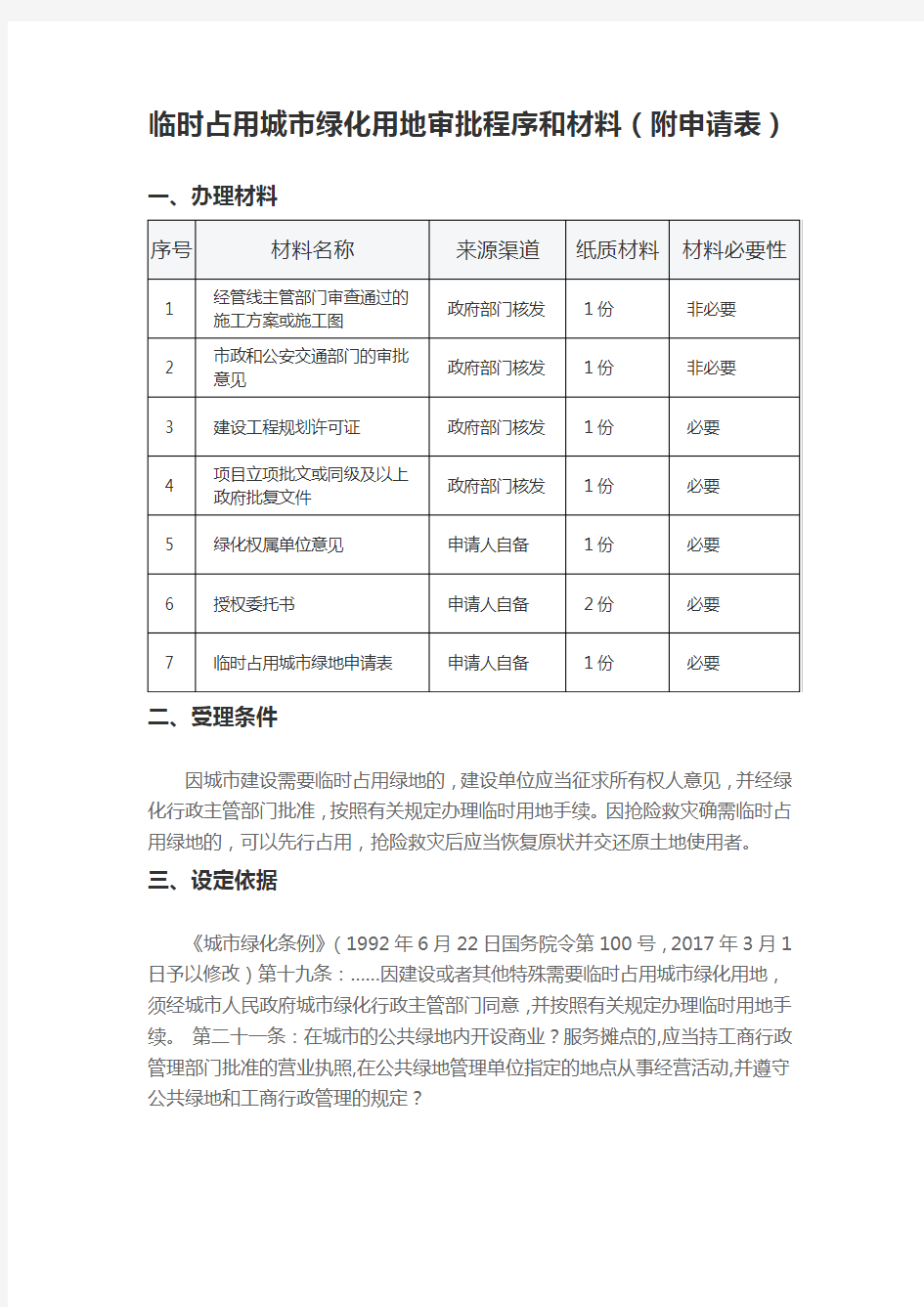 临时占用城市绿化用地审批程序和材料