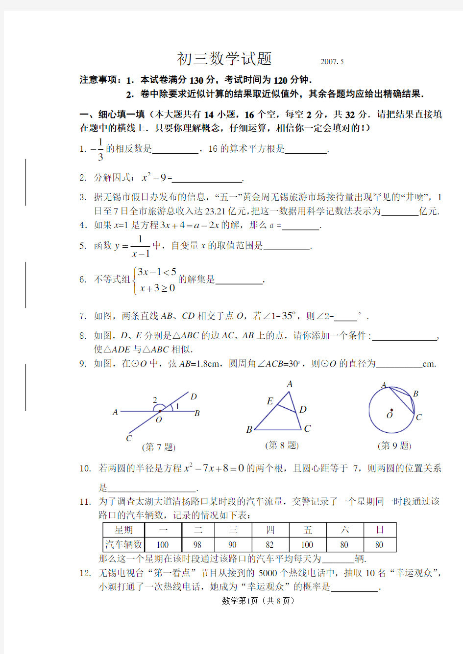 (完整版)初三中考数学试题(附答案)