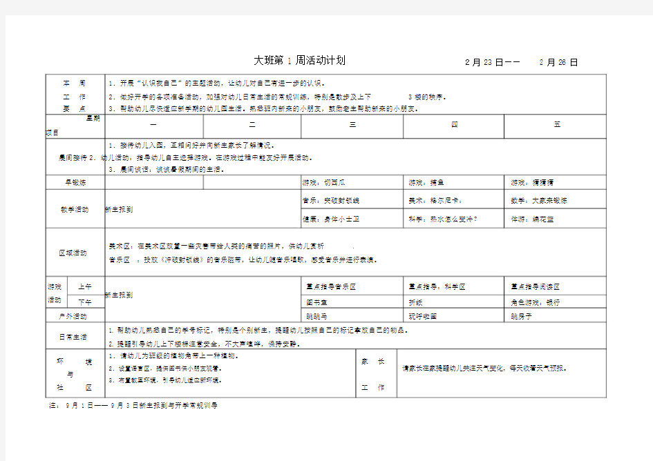 幼儿园大班周计划表超级详细