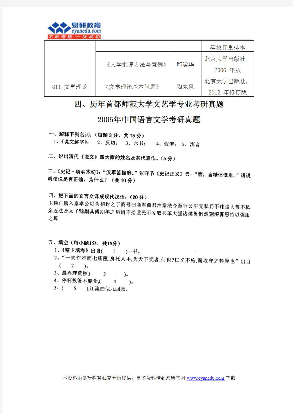 2015首都师范大学文艺学专业考研(文学院)专业目录招生人数参考书目历年真题复试分数线答题方法