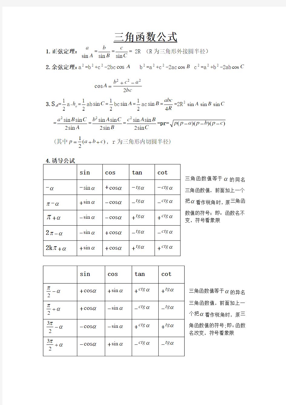 高中数学三角函数公式大全