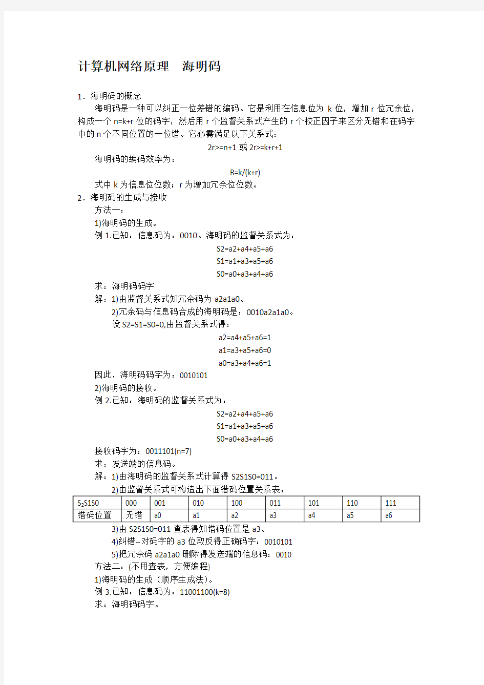 计算机网络原理  海明码