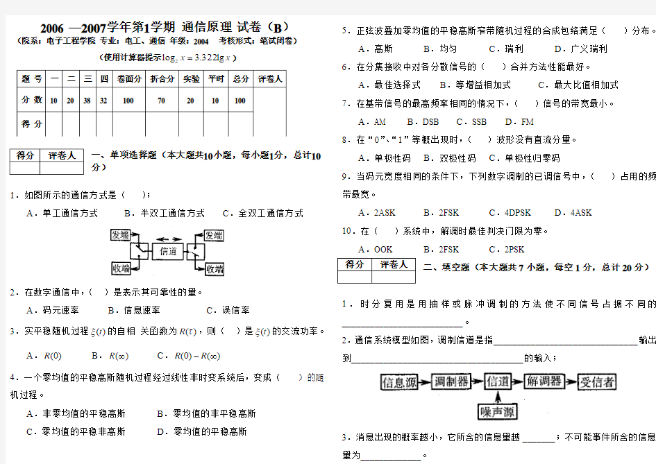 2007年通信原理期末试卷