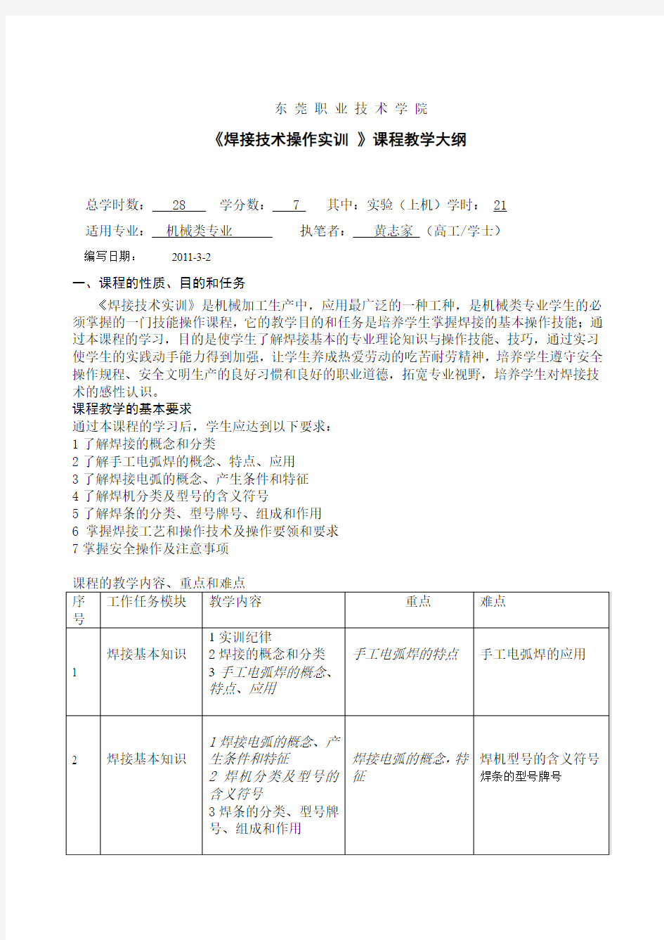 《焊接技术操作实训》教学大纲