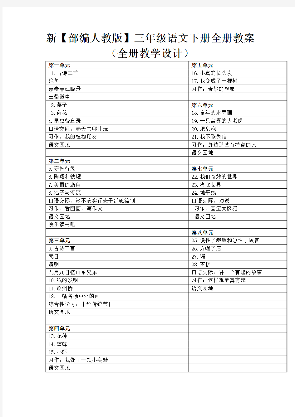 2020新部编版三年级下册语文全册教案