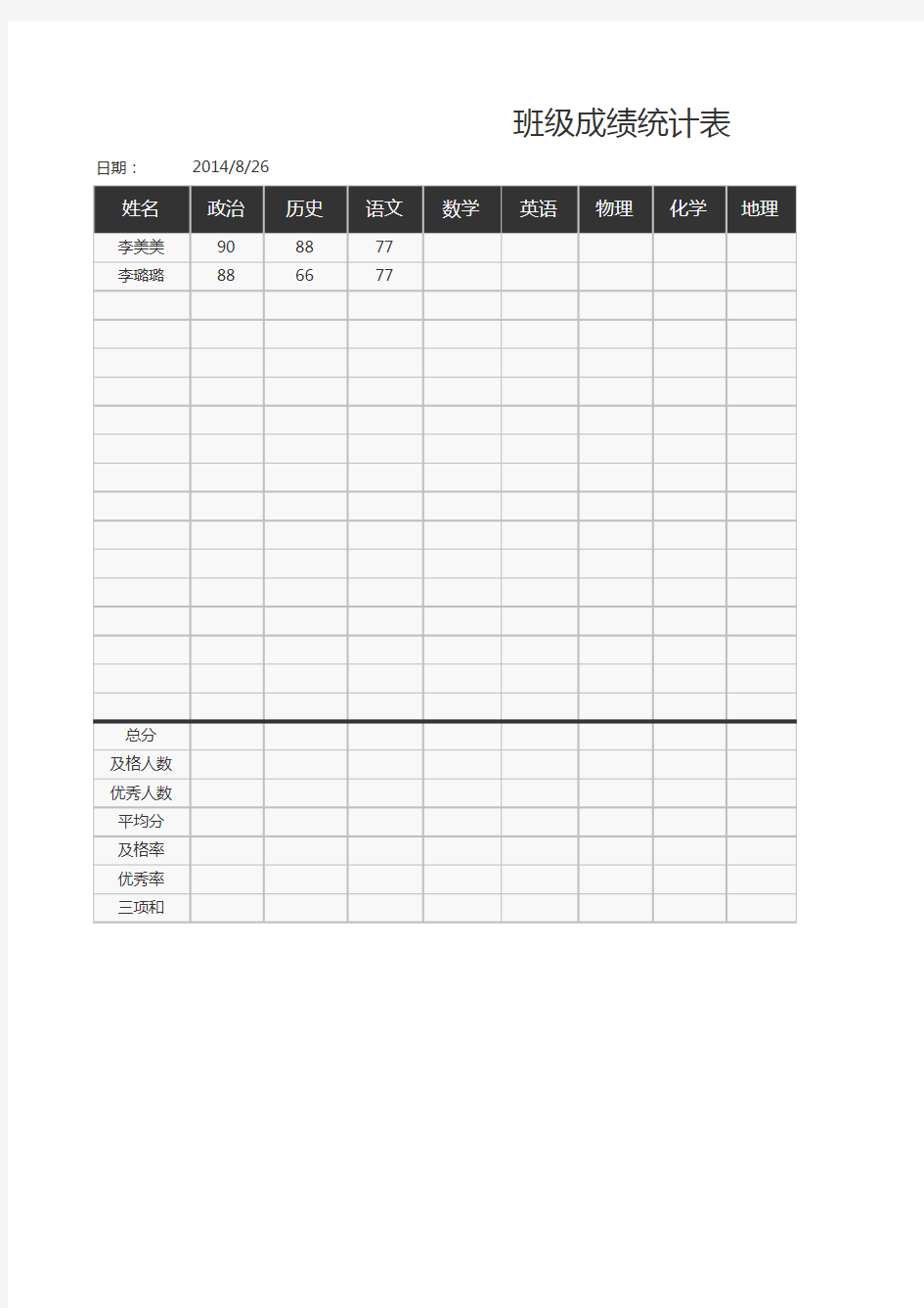 Excel表格模板：班级成绩统计表