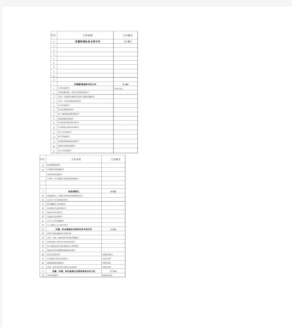 环境与职业健康安全管理体系文件清单.