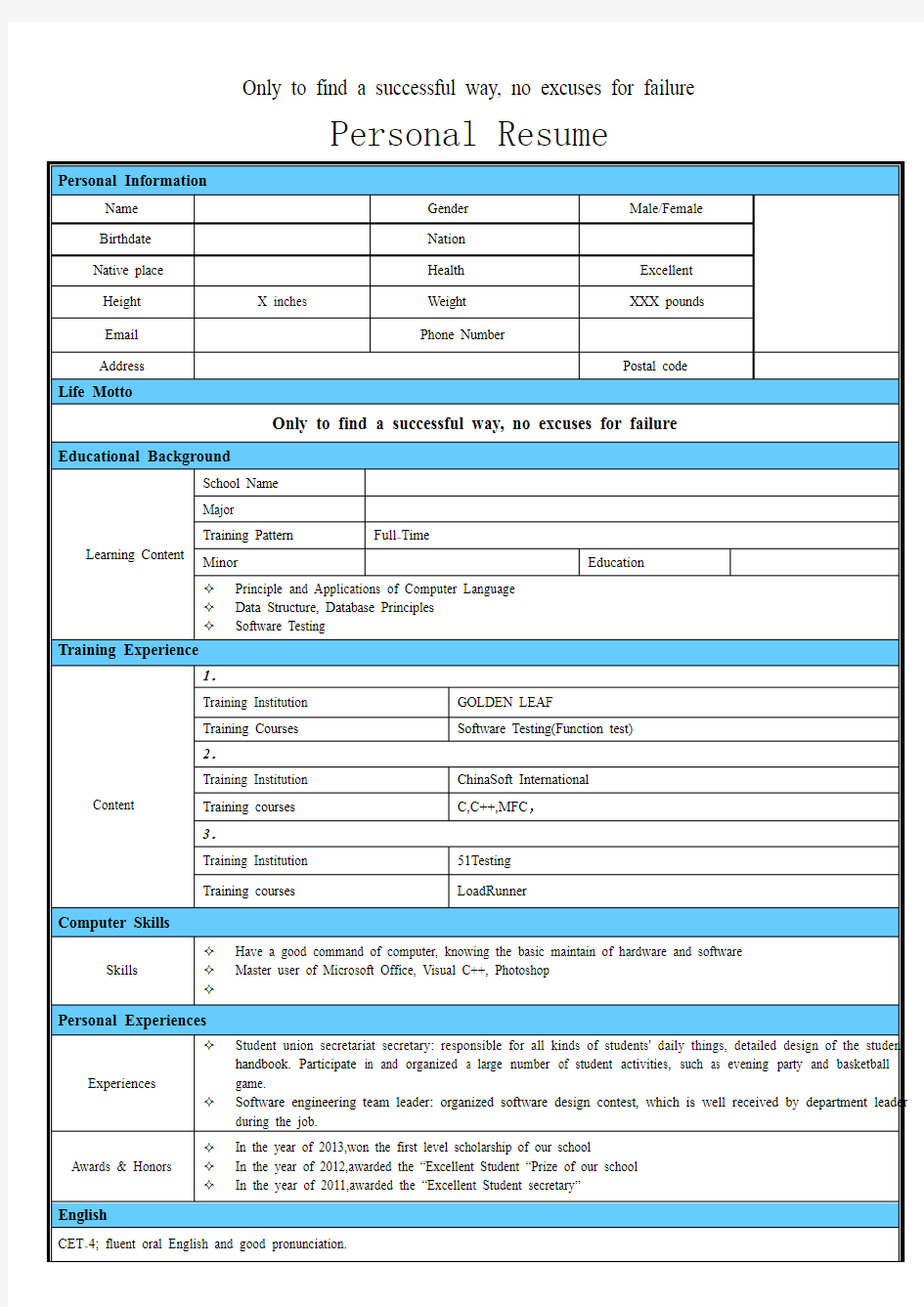 英文简历模板-通用版Personal Resume