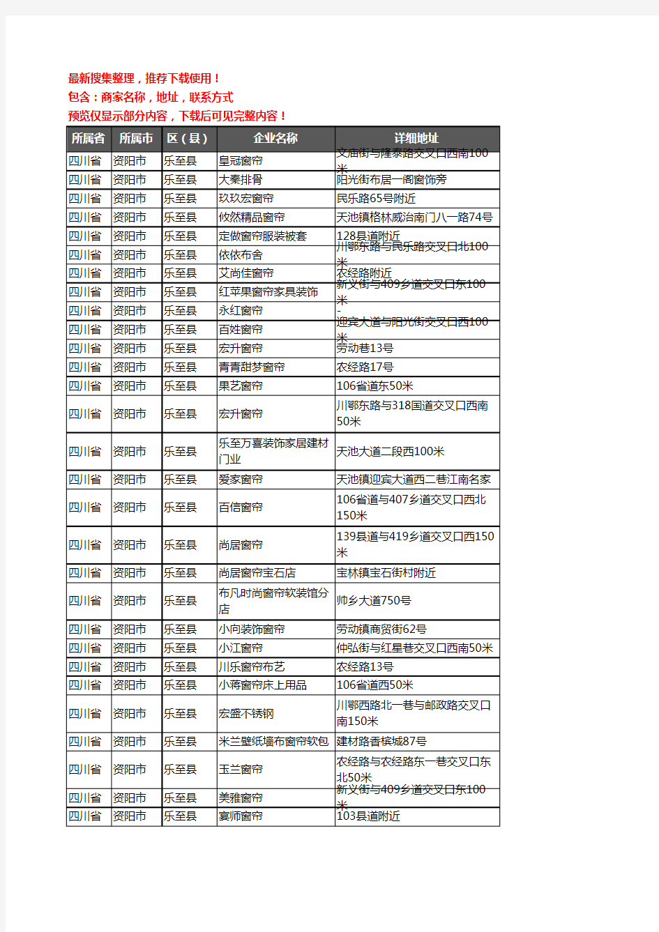 新版四川省资阳市乐至县窗帘企业公司商家户名录单联系方式地址大全51家