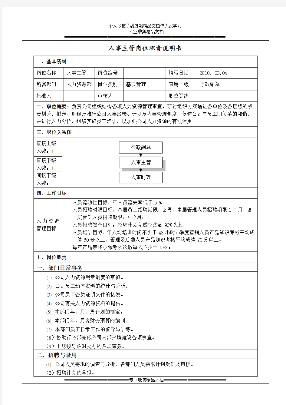 人事主管岗位职责说明书