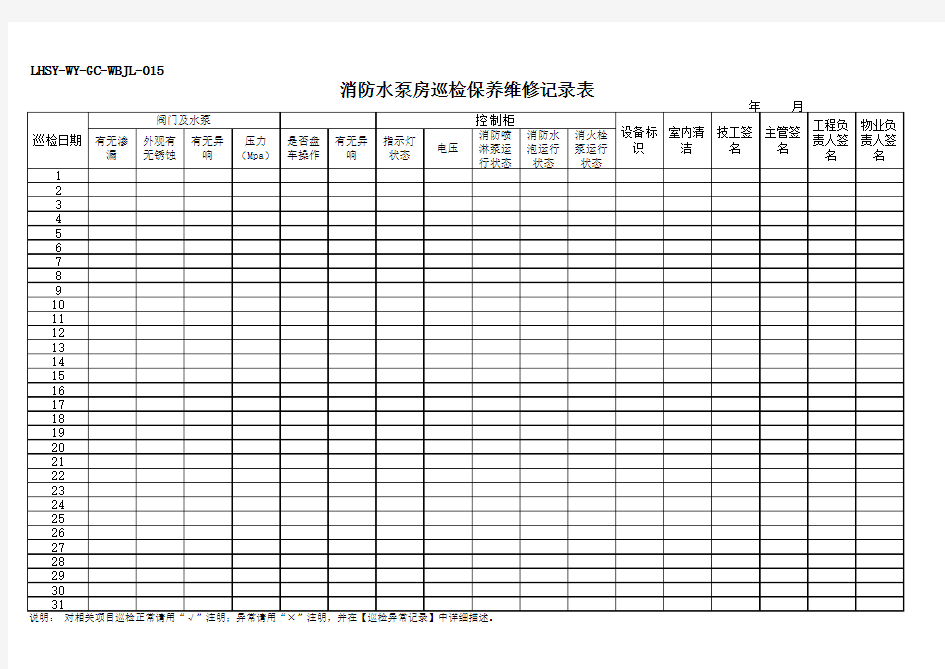 消防水泵房巡检保养维修记录