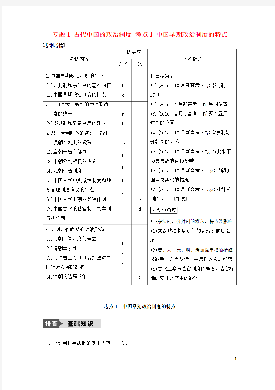 高考历史总复习专题1古代中国的政治制度考点1中国早期政治制度的特点