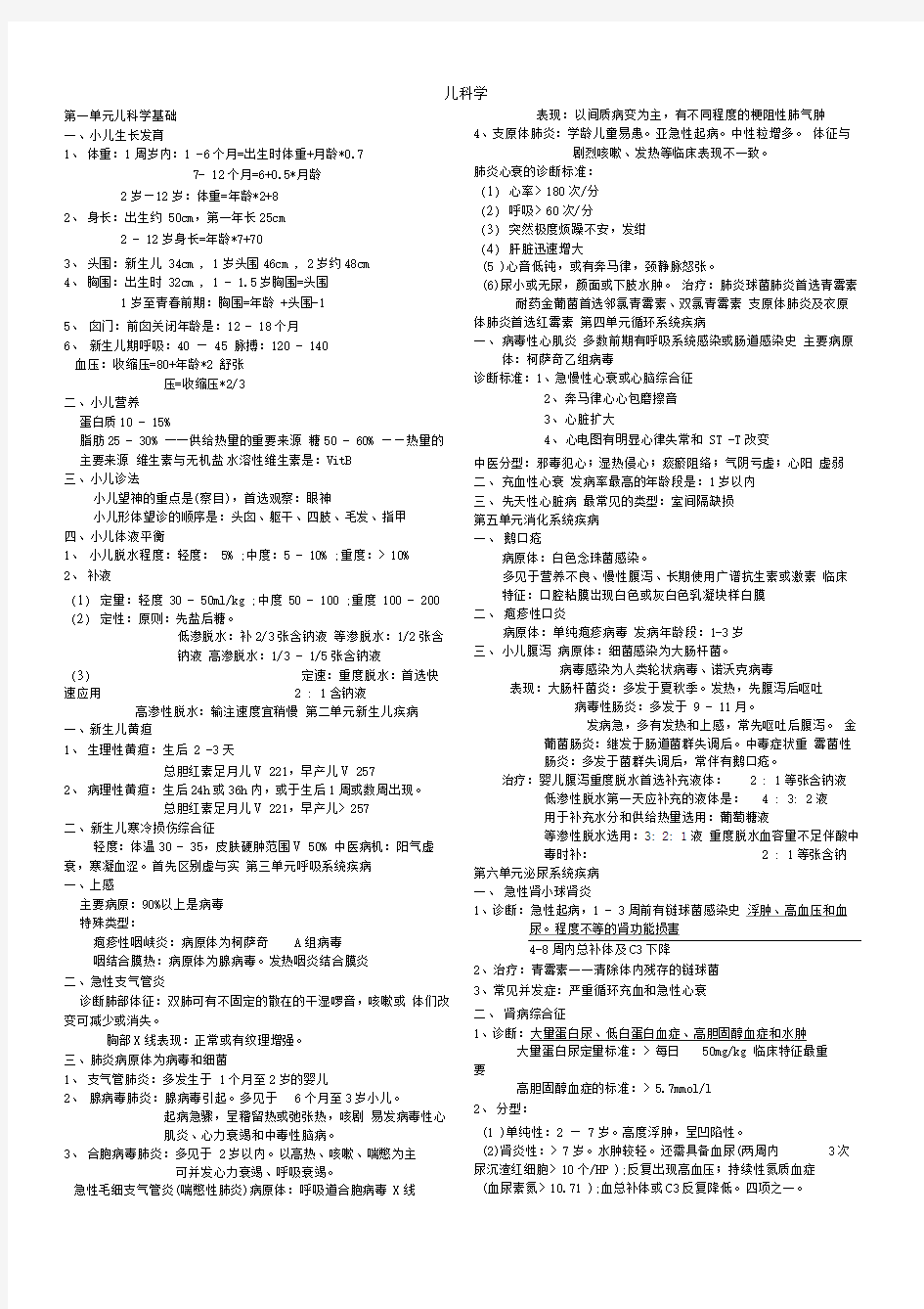 儿科学中西医执业医师考试总结