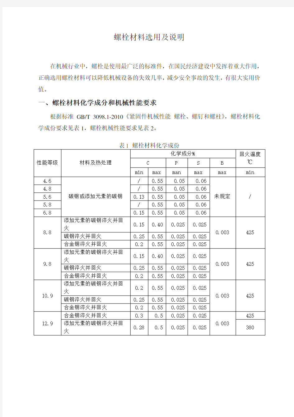 螺栓材料选用及说明