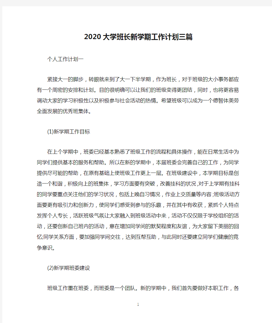 2020大学班长新学期工作计划三篇