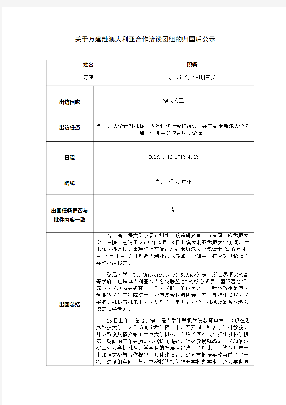 关于万建赴澳大利亚合作洽谈团组的归国后公示-国际交流与合作处