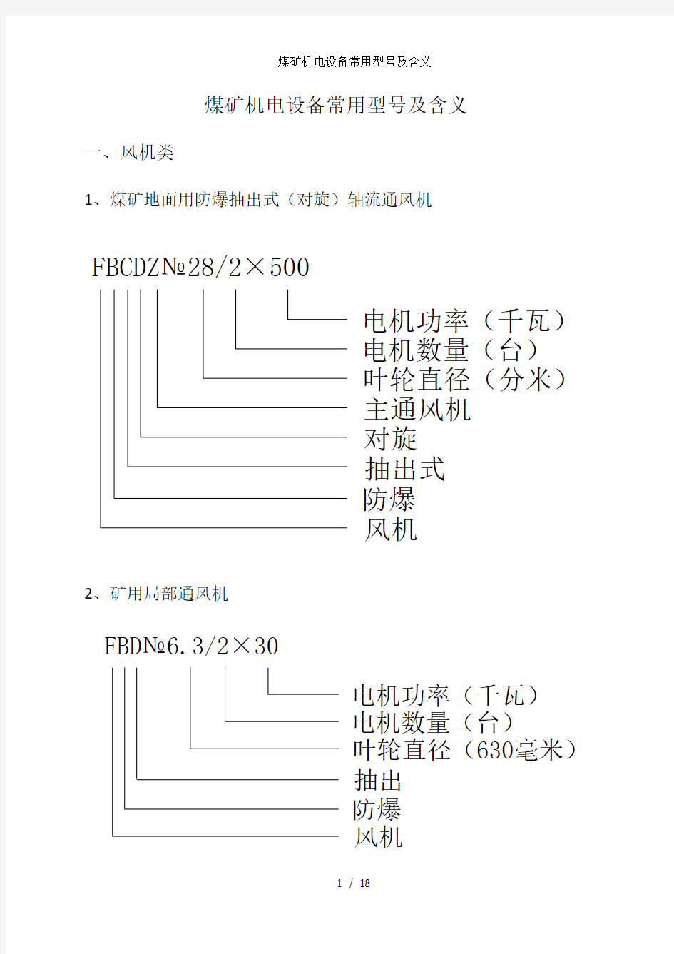 煤矿机电设备常用型号及含义