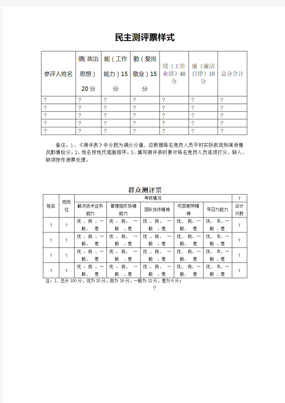 民主测评票三种样式