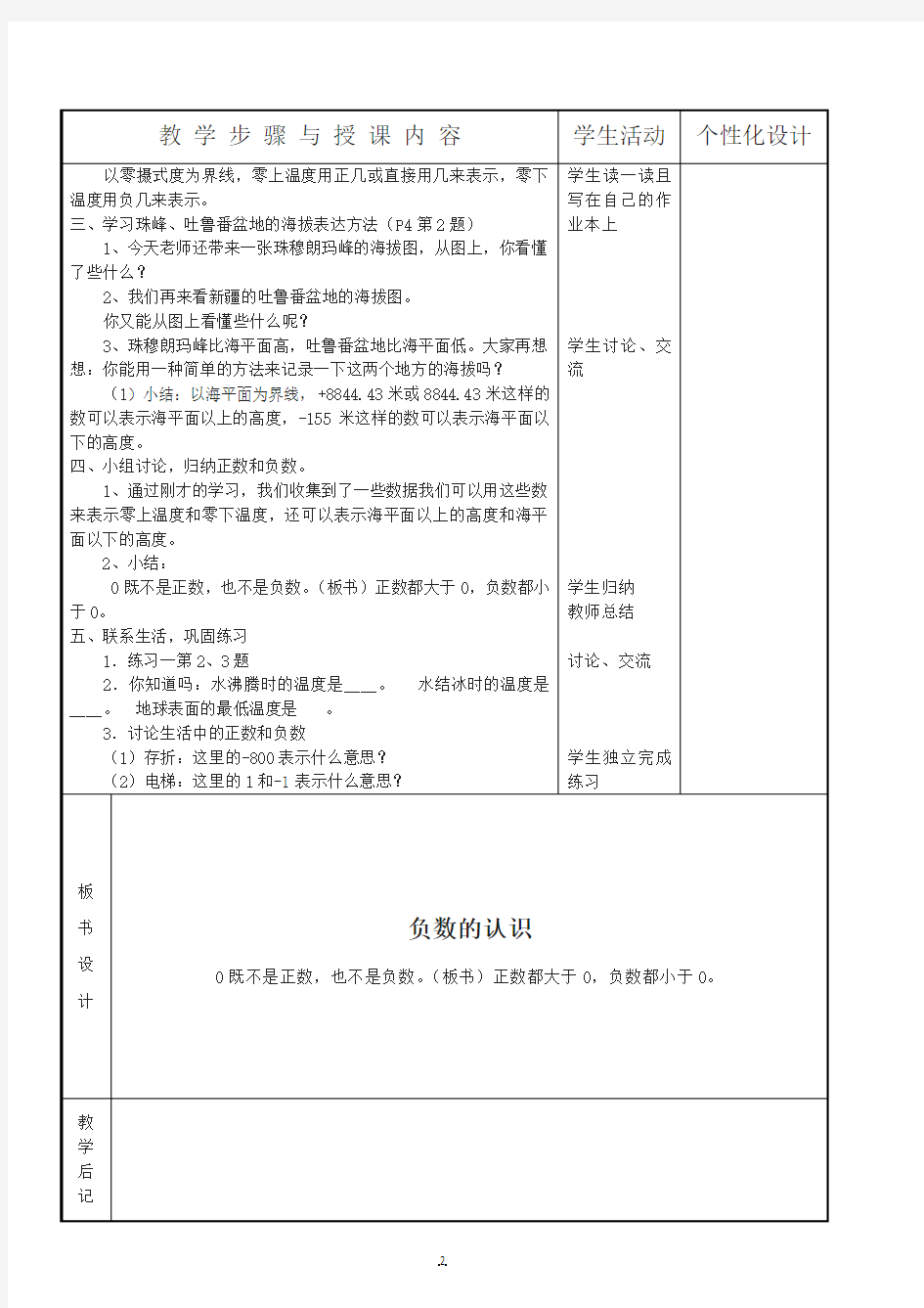 人教版六年级下册数学教案全册表格式